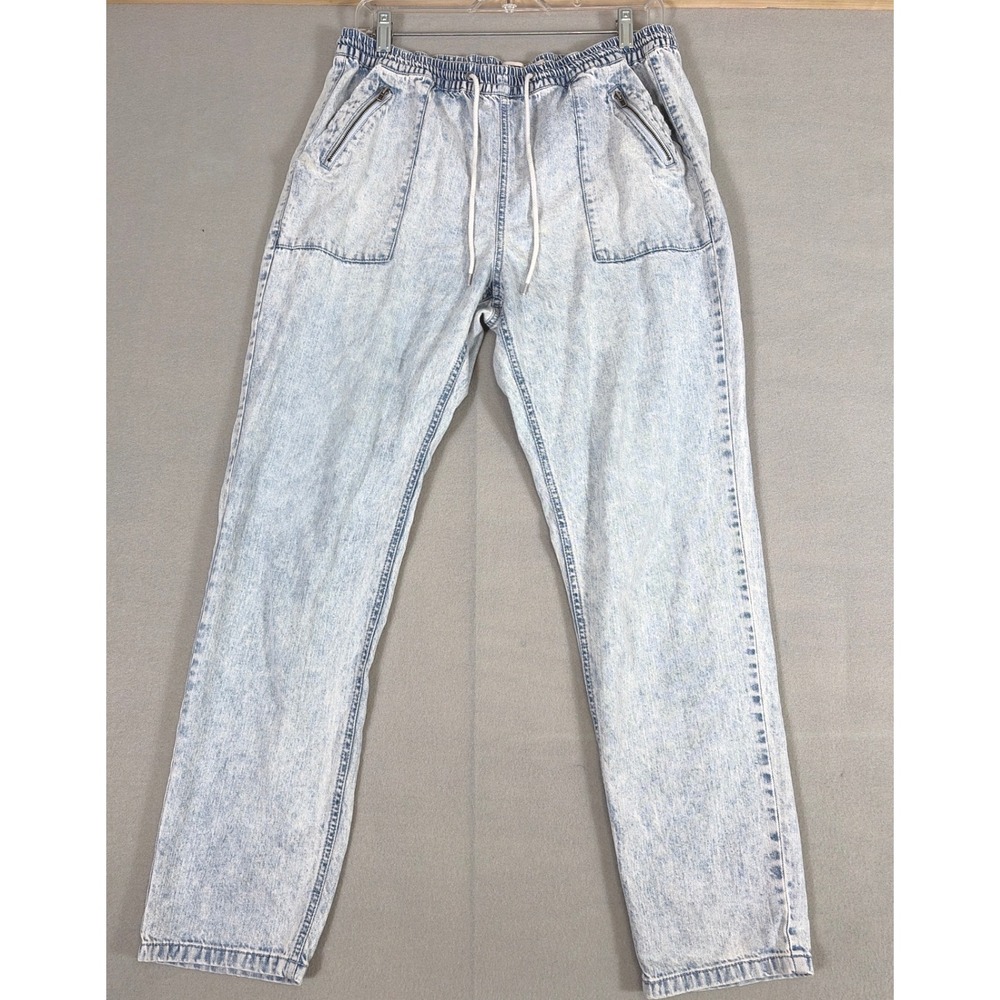 Noisy May Womens Acid‎ Wash Denim Joggers Light Blue Drawstring Pants Size L